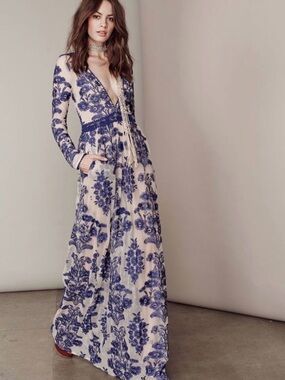 For Love & Lemons Long Floral Lace V-Neck Maxi Dress in Blue and Cream